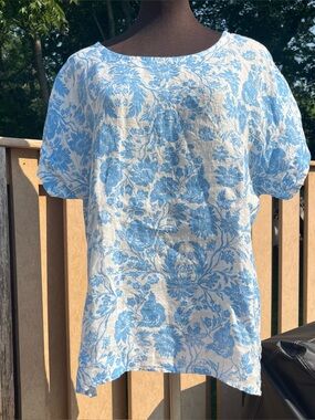 Bellambra 100% Linen Blue & White Floral Boxy Relaxed Fit Cap Sleeve Top Size L